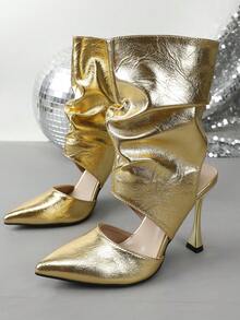 Sepatu Bot Ankle Wanita Warna Emas Metalik dengan Ujung Lancip dan Detail Kerut, Sepatu Hak Tinggi Stiletto Berongga, Sepatu Bot Fashion untuk Pesta dan Klub Malam - Emas - View 8