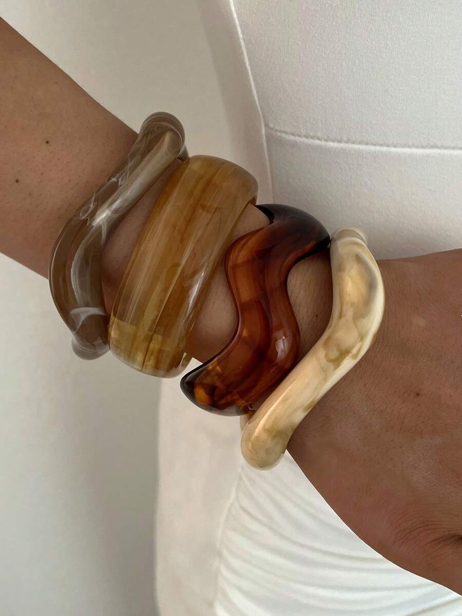 4pcs Multi-Layer Stackable Fashion Minimalist Elegant Exquisite Vintage Design Geometric Ribbon Wavy Texture Brown Resin Asymmetrical Marbled Pattern Exaggerated Wide Chunky Bangles Holiday Vacation Party Date Gift Daily Commute Wear Personalized - Multicolor - View 1