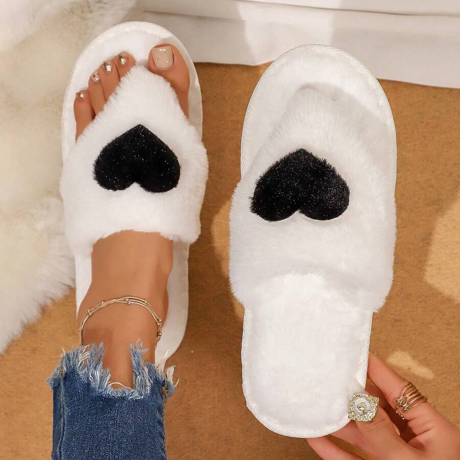 Heart Patch Plush Women's Slippers, Soft Fluffy Fuzzy One-Strap Slides For Home Wear Or Casual Outfits - White - View 1