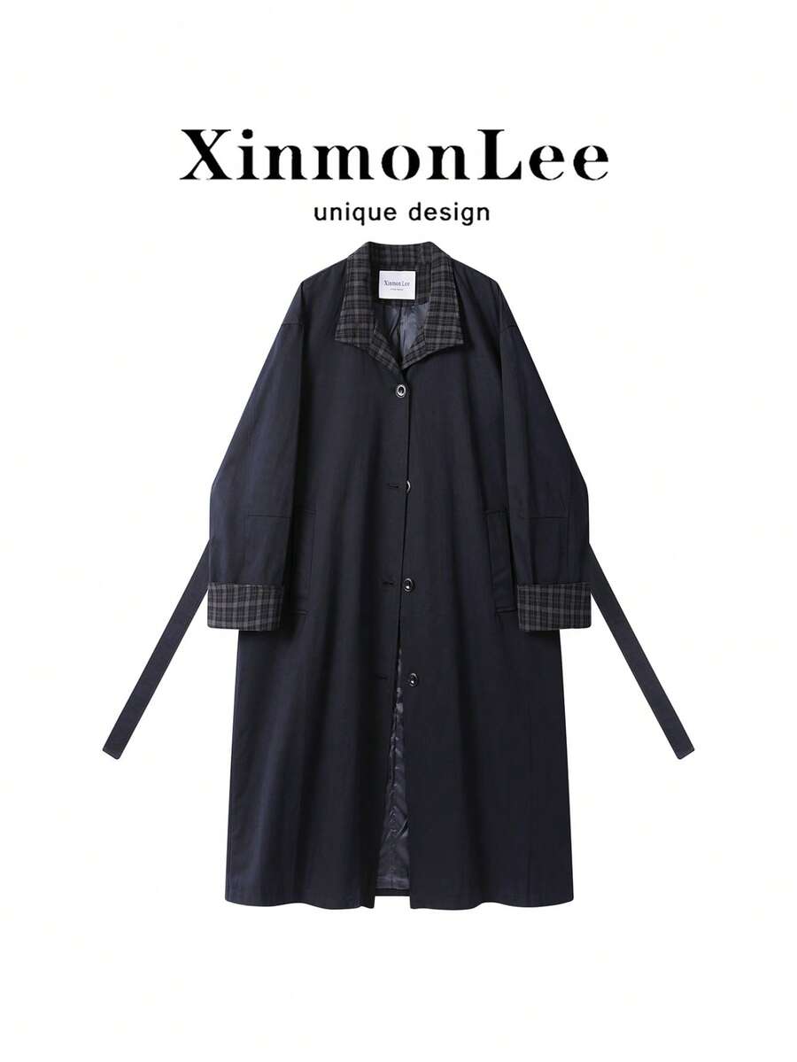 Premium Navy Plaid Patchwork Long Trench Coat Jacket With Pockets, Long Sleeve, For Evening Date, College Style, Daily Wear, Spring And Autumn - Navy Blue - View 1