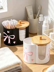 2 Grid Cotton Pad Swab Box,Cute Bow Print Makeup Organizer Box With Bamboo Lid,Desktop Cosmetic Container With Double Round Holes,For Bathroom Vanity - Multicolor - View 7