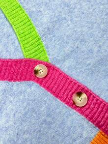 Áo cardigan len dệt kim ngắn cổ chữ V phối màu phong cách đại học cho nữ, áo len mùa thu dáng rộng mềm xốp lông mịn cho teen - Màu xanh nhạt - Xem 7