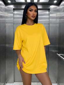 Women's Oversized Casual T-Shirt, Summer Top , Vacation , Yellow - Yellow - View 2