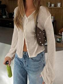 Women's White Summer Thin Semi-Sheer Long Sleeve Knit Top - Apricot Color - View 3