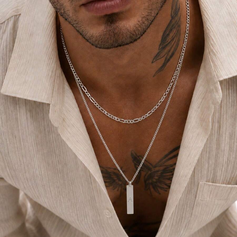 2 piezas/set Nuevos collares de cadena de acero inoxidable con colgante de tira rectangular e inicial, capas, para hombres - Plateado - Ver 1