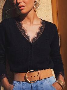 Women's Semi-Sheer Knit Cardigan, V-Neck Lace Trim, Long Sleeve Front Button, Regular Length Autumn Layering Top - Black - View 6