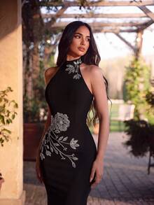 ADYCE Elegant Halter Waisted Backless Bodycon Rhinestone Midi Birthday Party Festival Party Prom Gown Homecoming Wedding Guest Formal Dinner Christmas - Black - View 3