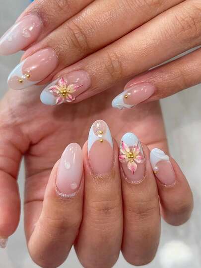 24PCS Short Almond-Shaped Fallnails Blue French 3D Powder Flower Water Drop Nail Art Cute Alloy Acrylic Press On Nail Gel Nail Art Nail Supplies Nail Set (Attached: 1pc Jelly Glue & 1pc Nail File) Suitable For Women's Daily Dating Party