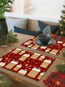 1pc Christmas Pattern Printed Table Runner, 4pcs Christmas Pattern Printed Placemats, Suitable For Holidays, Parties, Birthdays, Dinner Parties, Kitchen Dining Table Decoration, All Season Room Decor, Home Textile Table Runner - Multicolor - View 8