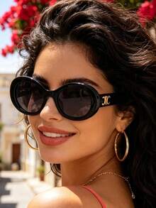 Celine Black Oval Frame Women's Sunglasses, UV Protection, Fashion Beach Summer Style - Black - View 3