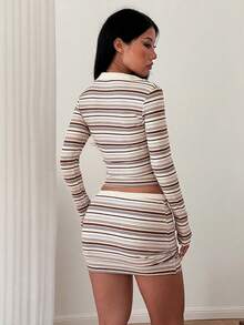 Women's Striped Two Pieces Set, Long Sleeve Cropped Top + Drawstring Mini Skirt Casual Matching Outfit - Multicolor - View 9
