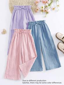 3pcs/Set Girls' Elastic Waist Solid Color Pants, Made Of 100% Cotton Double-Layer Gauze Fabric, Breathable, Decorated With Cute Ruffle Bow At Waist, Suitable For Spring/Summer, Travel Or Casual Daily Wear - Dusty Blue - View 1