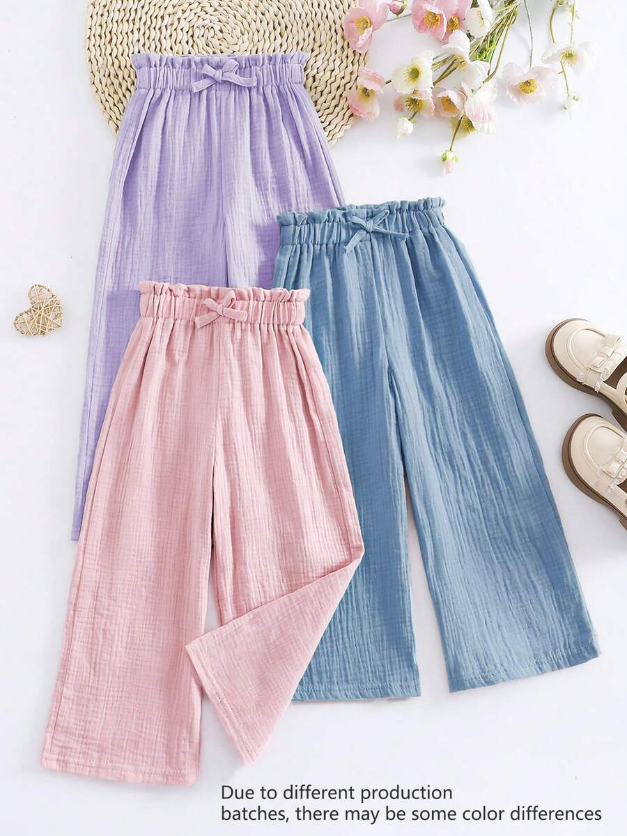 3pcs/Set Girls' Elastic Waist Solid Color Pants, Made Of 100% Cotton Double-Layer Gauze Fabric, Breathable, Decorated With Cute Ruffle Bow At Waist, Suitable For Spring/Summer, Travel Or Casual Daily Wear - Dusty Blue - View 1
