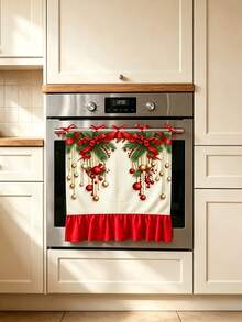 Christmas Themed Oven Door Cover, Dishwasher Panel Decorative Curtain, Polyester Material, Red Ribbon Bow & Pine Cone Print Design, With Ruffle Edge And Bowknot, Christmas Holiday Kitchen Decoration Towel, Suitable For Stove Front Winter Home Decor, Farmhouse Style Christmas Kitchen Party Supplies, Also Suitable For Dishwasher, Oven, Sink, Entryway Shoe Rack - Creamy White - View 3