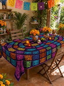 1 pieza Mantel redondo del Día de Muertos, mantel de poliéster con estampado de tiras de papel de calaveras coloridas, estilo mexicano para mesa de comedor, cocina, fiesta del Día de Muertos, celebración festiva y decoración del hogar - Multicolor - Ver 19