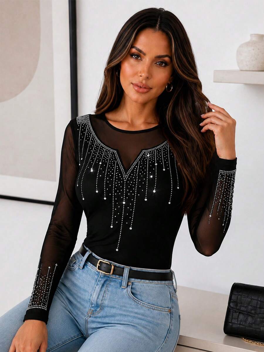 ChicMe ملابس علوية نسائية مثيرة للحفلات والنوادي مزينة بالراين ستون، بأكمام طويلة شفافة من الشبك مع قطع ملائمة - الأسود - مشاهدة 1