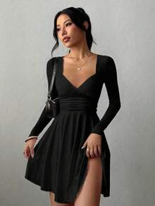 Sexy Fashion V-Neck Ruched Waist Ruffle Hem Long Sleeve Mini Dress, Spring/Summer New Arrival Black Elegant - Black - View 4