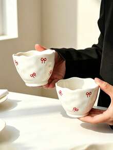 1/2pcs Red Bow Ceramic Tea Cups, Wavy Ruched Texture Coffee Mugs, Cute Girl Style Handheld Cups, Small Ceramic Tea Cups For Home, Gift For Friends - Multicolor - View 10