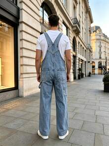 Men's Ripped Denim Dungarees Frayed Adjustable Overalls - Navy Blue - View 3
