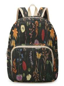 1 Piece Backpack, Women's Mini Backpack, Corduroy Girl's School Bag, Travel Storage Bag, Flower‑Printed Design, Large‑Capacity Foldable Easy‑To‑Store Bag, Lightweight And Pressure‑Relieving, Multi‑Pocket Layered Design With Zipper Closure - Black Floral 22530 - View 5