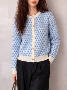 Women's Autumn/Winter Vintage Casual Elegant Floral Pattern Round Neck Cardigan Sweater Jacket - Baby Blue - View 3