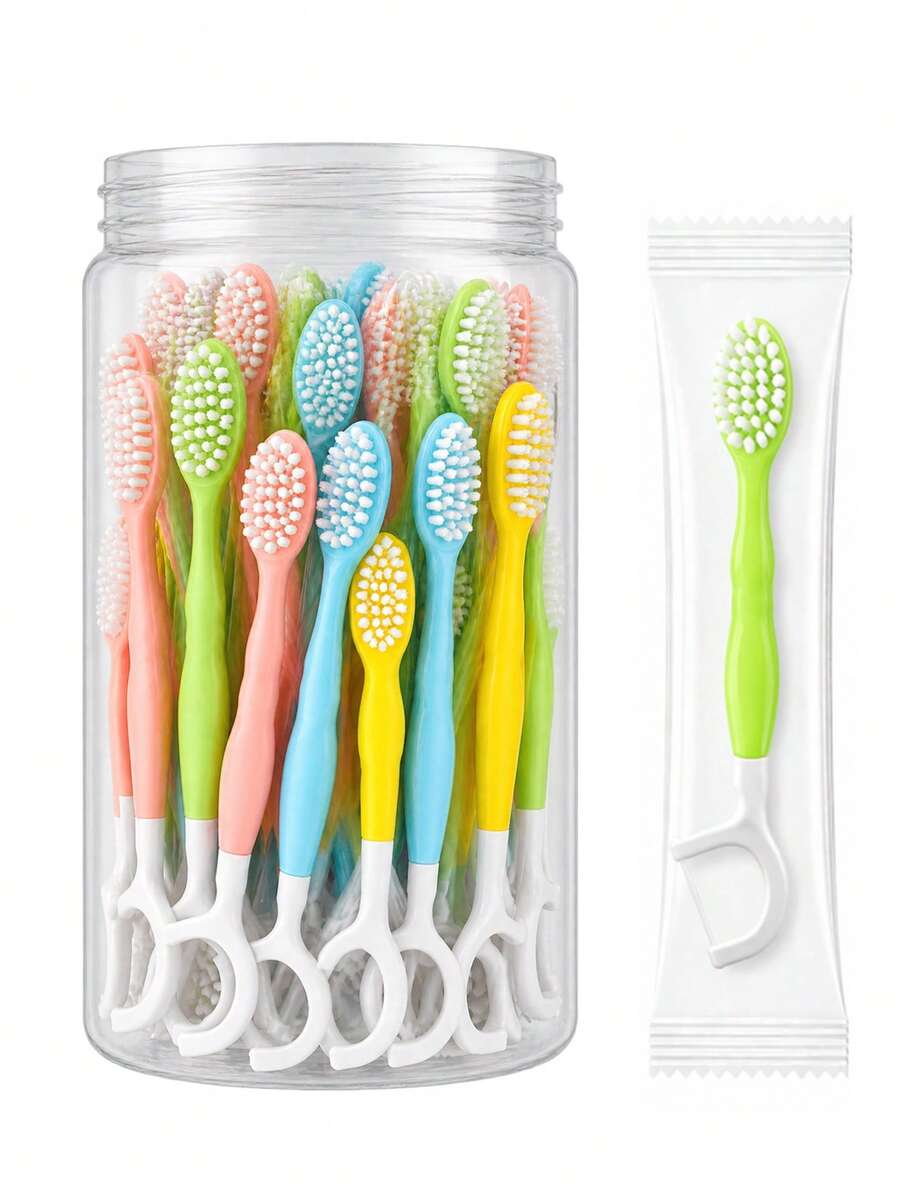 50/30/15/2pcs,Disposable Travel Toothbrushes In Macaron Colors, Featuring An Integrated Design With Dental Floss, A Toothpick, And A Tongue Cleaner; Individually Wrapped-Ideal For Travel And Daily Use. - Multicolor - View 1