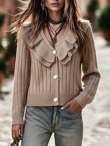 Cardigan Rajut Wanita Warna Oatmeal Musim Gugur/Semi dengan Ruffle Ganda, Leher V, Lengan Panjang Pendek, Kancing Mutiara di Depan, Lembut, Elegan, Kasual, Cocok untuk Kantor dan Kencan. - Warna karang - View 5