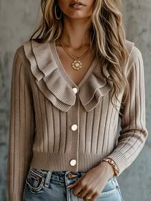 Cardigan Rajut Wanita Warna Oatmeal Musim Gugur/Semi dengan Ruffle Ganda, Leher V, Lengan Panjang Pendek, Kancing Mutiara di Depan, Lembut, Elegan, Kasual, Cocok untuk Kantor dan Kencan. - Warna karang - View 3