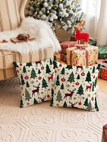 1/2/4Pcs Boho Cute Retro Christmas Tree & Elk Decorative Pillow Cover,Snowflake Ornament Print Festive Cushion Covers,Neutral Retro Winter Holiday Sofa Decor (No Pillow Inserts)