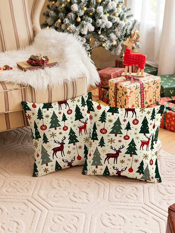 1/2/4 pièces Taie d'oreiller décorative bohème mignonne rétro sapin de Noël & élan, imprimé ornement flocon de neige, housses de coussin festives, décoration de canapé hivernale neutre rétro (sans rembourrage d'oreiller)