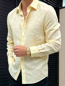 男士新款白色經典休閒長袖襯衫，時尚戶外襯衫外套 - 黃色 - 查看 5