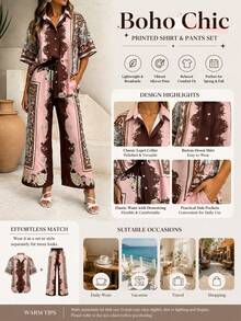 Women's Spring/Autumn Casual Fashion Full Print Bohemian Lapel Top And Allover Print Long Pants Elegant Daily 2-Piece Set Summer - Multicolor - View 6