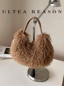 1pc Solid Color Plush New Women's Backpack, Shoulder Bag, Crossbody Bag, Fashion Square Handbag, Zipper Closure, Autumn/Winter New Style, Suitable For Commuting, Shopping, Dating - Brown - View 5