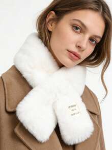 1pc Women's Plush Scarf, Winter Style Faux Rabbit Fur Thick Warm Neck Warmer, Versatile Simple Cross Collar - White - View 2