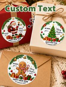 LICVIC 20-200pcs Custom Christmas Stickers With Text, Personalized Round Holiday Labels, Festive Santa Christmas Tree Gingerbread Style, Customized Gift Wrap Stickers, Customizable Family Name Labels, Christmas Party Decor, New Year Gifts, Christmas Gifts - Style G - View 1