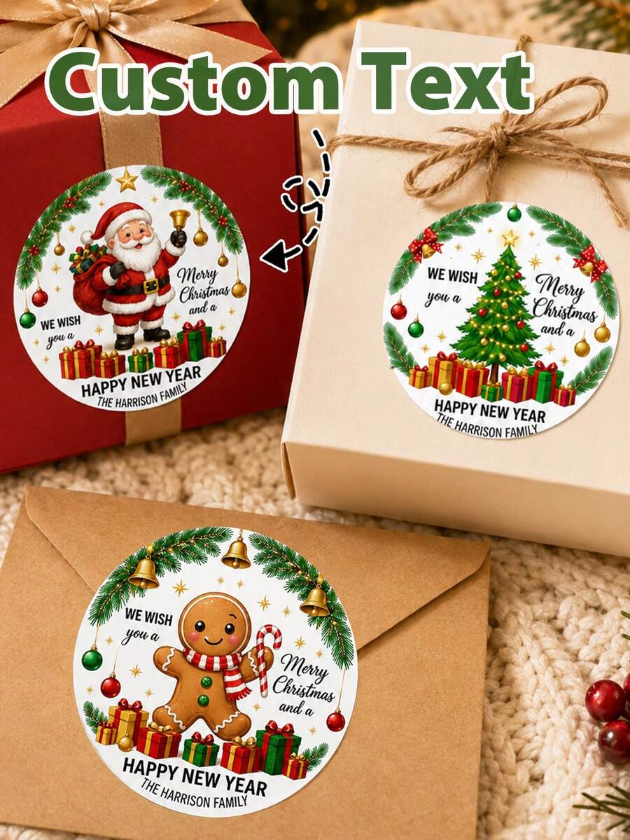 LICVIC 20-200pcs Custom Christmas Stickers With Text, Personalized Round Holiday Labels, Festive Santa Christmas Tree Gingerbread Style, Customized Gift Wrap Stickers, Customizable Family Name Labels, Christmas Party Decor, New Year Gifts, Christmas Gifts - Style G - View 1