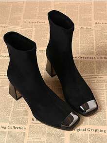 French Style Steel Toe Thick Heel Ankle Boots For Women, 2026 Autumn/Winter New Sexy Square Toe Slim Fit Elastic Ankle Boots - Black - View 2
