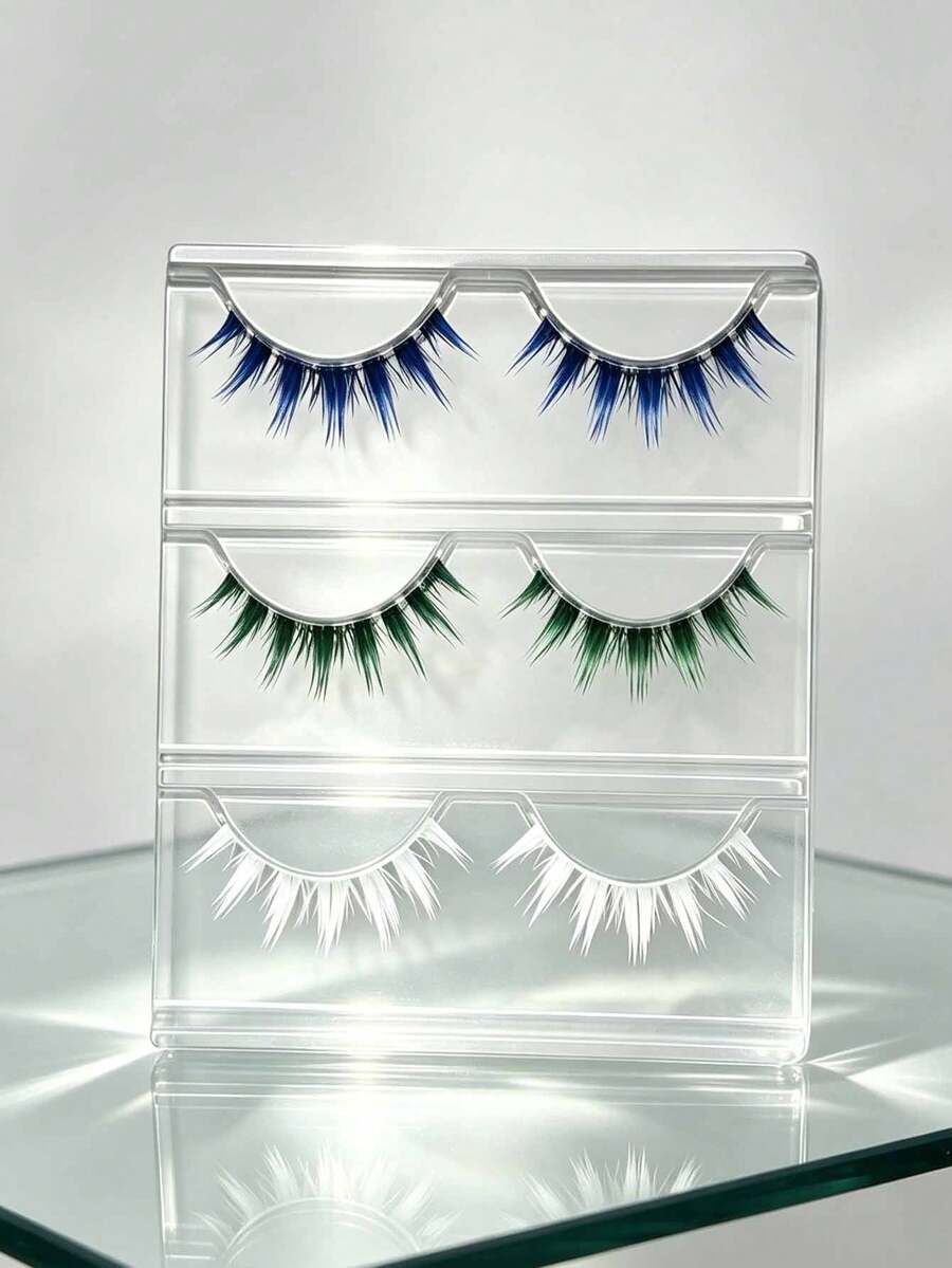 3 Pairs Colorful False Eyelashes Blue Green White Wispy Cosplay Party Strip Lashes Holiday Party Eyelashes - Multicolor - View 1