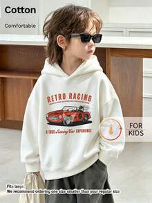 Kids Hooded Sweatshirt, Vintage Racing Style Red Racing Letter Print Thick Fleece Lined Pullover - White - View 3