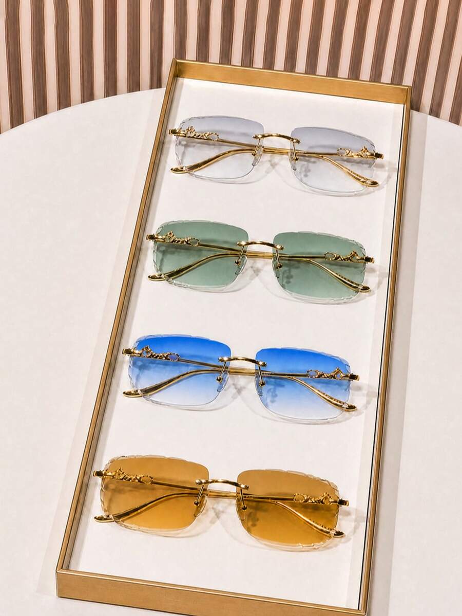 4 Pairs Women's Decorative Sunglasses Set, Light Color Square Frame And Rimless Crystal Tinted Metal Sunglasses For Sisters Outing - 4-pack - View 1