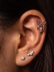 1pc Balletcore Bow Rhinestone Cartilage Ear Stud, Niche Silver Sweet Cool Earring For Women - Bow Earrings - View 2