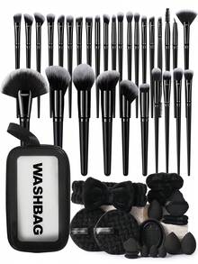 49 Pcs/1PC All‑In‑One Makeup Collection, 30 Pcs New Black Makeup Brushes,18 Pcs Assorted Makeup Accessories And 1 Black Makeup Wash Bag, Makeup Sponges, Headband, Cleaning Tools For Home & Travel Makeup - Black - View 12