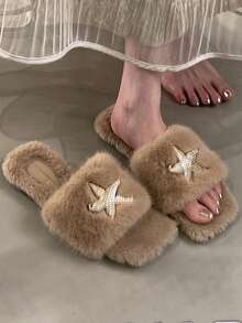 Autumn/Winter Rhinestone Starfish Plush Slip-On Slippers For Women, Thickened Warm Plush Flat Slippers, Home And Outdoor Dual-Use Luxury Style Open Toe Fuzzy Slippers - Camel - View 2