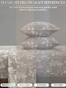 4-Piece Branch And Leaf Pattern Bedding Set, Made Of Easy-Care Fabric, Soft And Comfortable. Set Includes: 1 Flat Sheet, 1 Fitted Sheet, 2 Pillowcases. Suitable For King, Queen, Full, Twin Sizes, Fitted Sheet Fits Up To 11.8-Inch Mattress. Fabric Is Soft, Breathable, And Wrinkle-Resistant - Grey - View 6