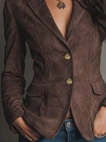 Women's Brown Suede Blazer, Long Sleeve, Button Detail Collar, Suede Fashion Autumn Jacket - Coffee Brown - View 3