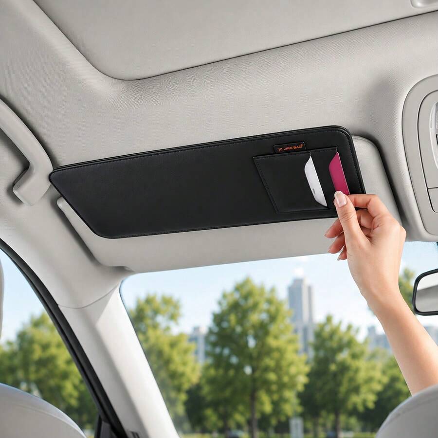XIJIANBAO Car Sun Visor Extender, Multi-Functional Storage Panel, PU Leather, Can Store Cards, Anti-Glare, UV Protection, Adjustable Back Clip, Suitable For Various Car Models, Car Interior Accessories, Holiday Gift For Car Enthusiasts - A - View 1