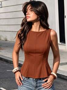 1pc Solid Color Knit Fabric Ruffle Trim Casual Top, Summer - Brown - View 4