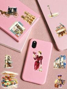 50Pcs PET Vintage Paris Street Stickers, Patterns Of European Buildings, Retro Figures, Eiffel Tower And Flower‑Shop Street Scenes, Suitable For Journals, Water Bottles, Notebooks, Storage Boxes, Skateboards, Helmets, Luggage, Laptops, Guitars - Multicolor - View 4