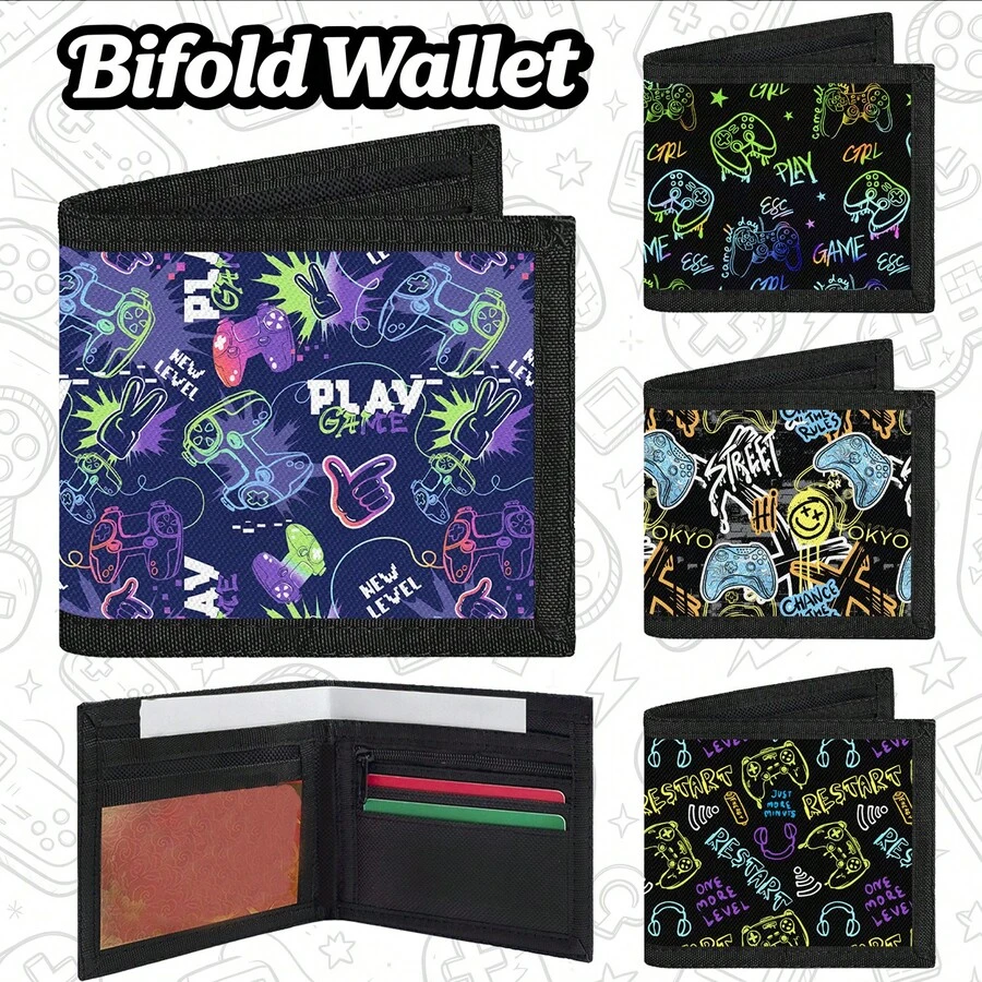 Bifold Wallet, Bifold Card Holder, With Game Console Print Design, Multiple Card Slots, Large Diameter For Banknotes, Zipper Design For Coins. Suitable For School, Travel Use. - Multicolor - View 1