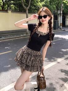 2-In-1 Low Neck Button Leopard Print Halter Tie Women's Summer Short Sexy Fitted Short Sleeve T-Shirt Top Black - Black - View 5